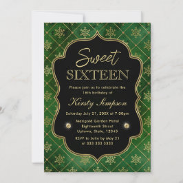 Elegant Grönt och Guld Winter Snöflingor Sweet 16 Inbjudningar