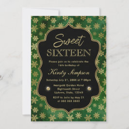 Elegant Grönt och Guld Winter Snöflingor Sweet 16 Inbjudningar