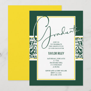 Elegant Grönt och Gult Damask Studenten Inbjudningar