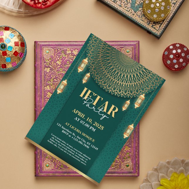 Elegant Grönt och inbjudan till Guld Ramadan Iftar (Elegant Green and Gold Ramadan Iftar Party Invitation)