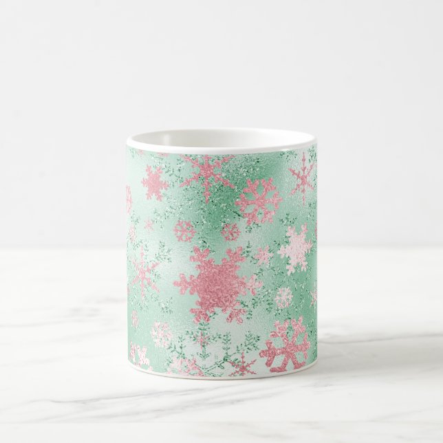 Elegant Grönt och Rosa jul Snowflake Mönster Kaffemugg (Center)