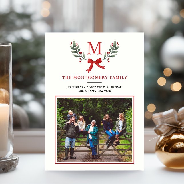 Elegant Grönt och vit vattenfärg Holly Greenery Julkort (Skapare uppladdad)