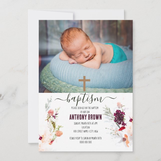 ELEGANT GRÖNT, ORANGE, RED & VIN BABY BAPTISM INBJUDNINGAR (Framsida)