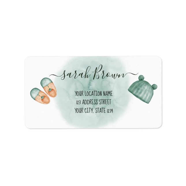 ELEGANT GRÖNT & ORANGE VATTENFÄRGSKABY SHOWER ADRESSETIKETT (Framsidan)