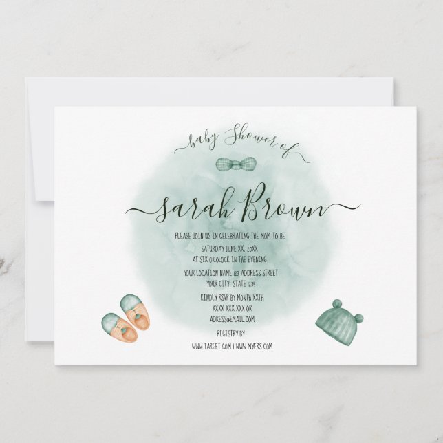 ELEGANT GRÖNT & ORANGE VATTENFÄRGSKABY SHOWER INBJUDNINGAR (Framsida)