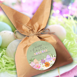 Elegant Grönt Pastel Wildblommor Glad påsk Runt Klistermärke