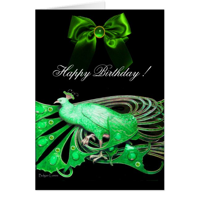 ELEGANT GRÖNT PEACOCK, GEM STONS OCH BOW Birthday Hälsningskort (Framsidan)