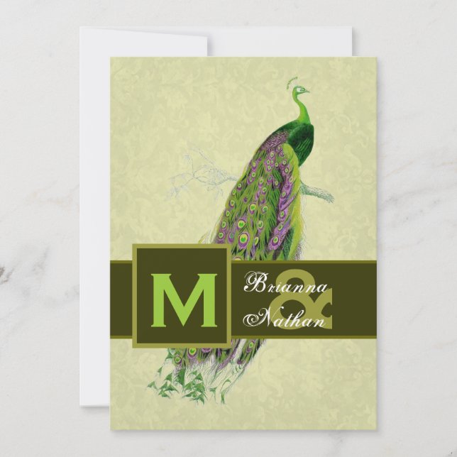 Elegant Grönt Peacock Metallic Bröllop Inbjudningar (Framsida)