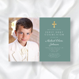 Elegant Grönt Photo Boy First Communion Inbjudningar