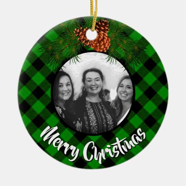 Elegant grönt plaid pinecone-fotomall julgransprydnad keramik (Framsidan)