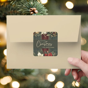 Elegant Grönt Play Poinsettias God jul Fyrkantigt Klistermärke