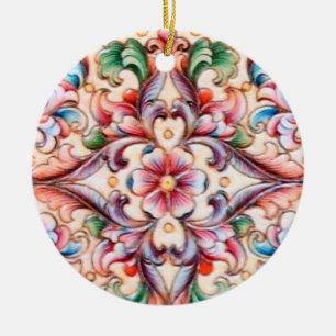 ELEGANT GRÖNT RED ROSA BLUE BLOMMIGT FANTASY JULGRANSPRYDNAD KERAMIK