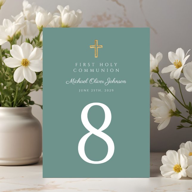 Elegant Grönt Religiösa Kor Boy First Communion Bordsnummer (Elegant Green Religious Cross Boy First Communion Table Number)