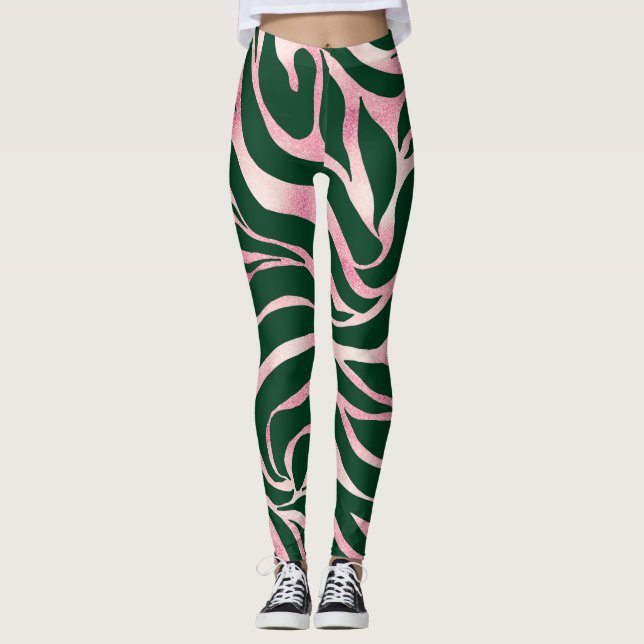 Elegant Grönt Ro Guld Glitter Zebra Leggings (Framsida)