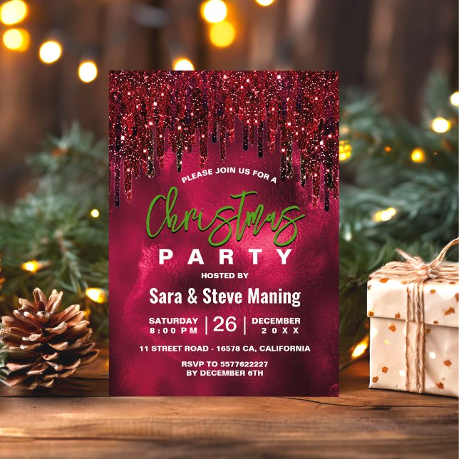 Elegant grönt röd faux glitter droppar jul inbjudningar (Skapare uppladdad)