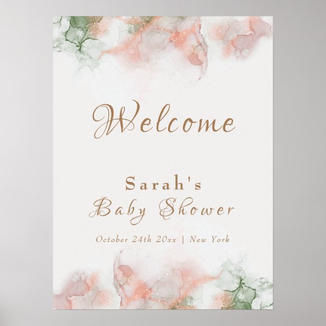 Elegant Grönt Rosa Agate Baby Shower Välkommen Poster (Framsidan)