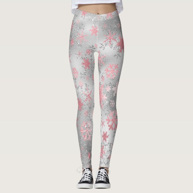 Elegant Grönt Rosa jul Snowflake Mönster Leggings (Framsida)