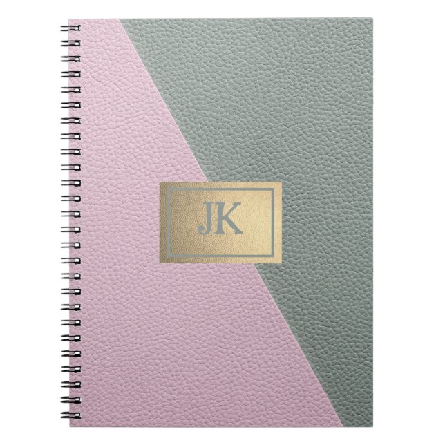 Elegant Grönt Rosa Leather Monogram Anteckningsbok (Framsidan)