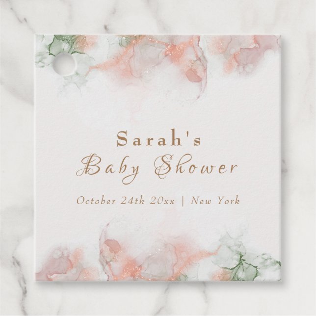 Elegant Grönt Rosa Vattenfärgsagate Baby Shower Gåvor Etiketter (Framsida)