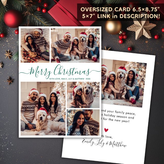 Elegant Grönt Script 5 Photo Collage jul Julkort (Skapare uppladdad)