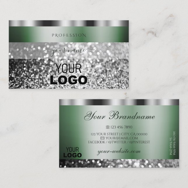 Elegant Grönt Silver mousserande Glitter med Logot Visitkort (Fram/baksida)