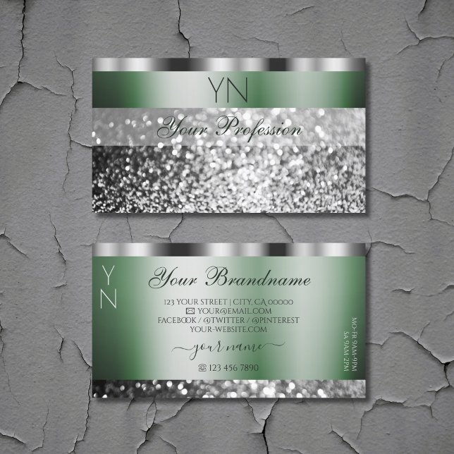 Elegant Grönt Silver mousserande Glitter Monogram Visitkort (Skapare uppladdad)