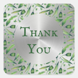 Elegant Grönt Silver Watercolor Blommigt Tack Fyrkantigt Klistermärke