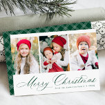 Elegant Grönt Skript God jul 3 Photo Julkort<br><div class="desc">Ett enkelt julkort med tre lodrät-foton med "God jul" som visas i ett kalligrafiskt skript för festlig grönt. Anpassa framsidan av multifotojulkortet med din familj namn och året. Kortet återgår till visning som en modern grönt och vit plaid mönster.</div>