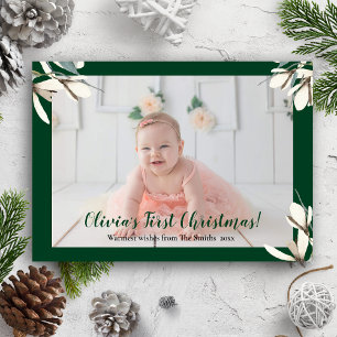 Elegant Grönt Skript Magnolia Baby Första jul Julkort