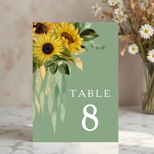 Elegant Grönt Solblommor Bröllop Bordsnummer (Elegant Green Sunflowers Wedding Table Number)