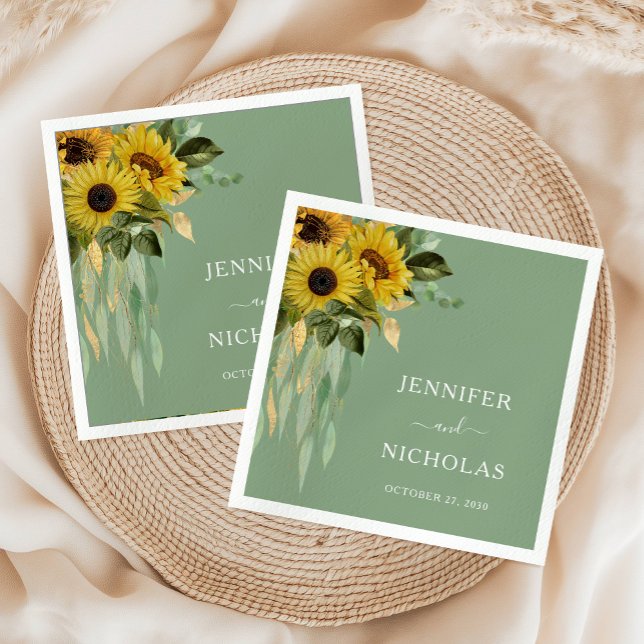 Elegant Grönt Solblommor Bröllop Pappersservett (Elegant Green Sunflowers Wedding Napkins)