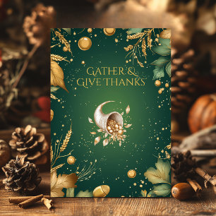 Elegant Grönt Thanksgiving med Guld Cornucopia Inbjudningar