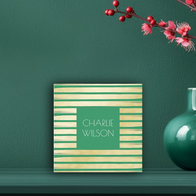 Elegant grönt turkos guld folie stripe fyrkantigt visitkort (Elegant green turquoise gold paint striped frame square business card)