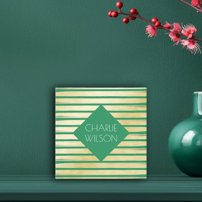 Elegant grönt turkos guld  stripe ram fyrkantigt visitkort (Elegant green turquoise gold paint striped frame square business card)