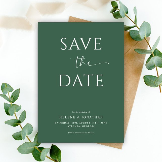Elegant Grönt Typografi Modern minimalistisk Bröll Spara Datumet (Elegant Green Typography Modern Minimalist Wedding Save The Date)