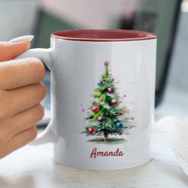 Elegant grönt vattenfärg gräs träd jul Två-Tonad mugg