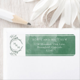 Elegant Grönt Vattenfärg Monogram Bröllop Returadress Etikett