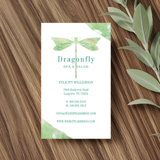 Elegant Grönt Vattenfärg Tvätta Dragonfly-Logotyp Magnetiska Visitkort (Elegant Green Watercolor Wash Dragonfly Logo Business Card Magnet)