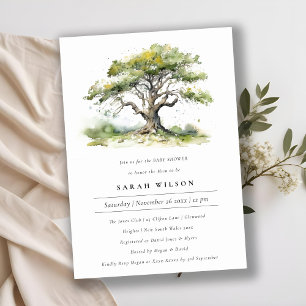 Elegant Grönt Vattenfärgen Oak Träd Baby Shower Inbjudningar