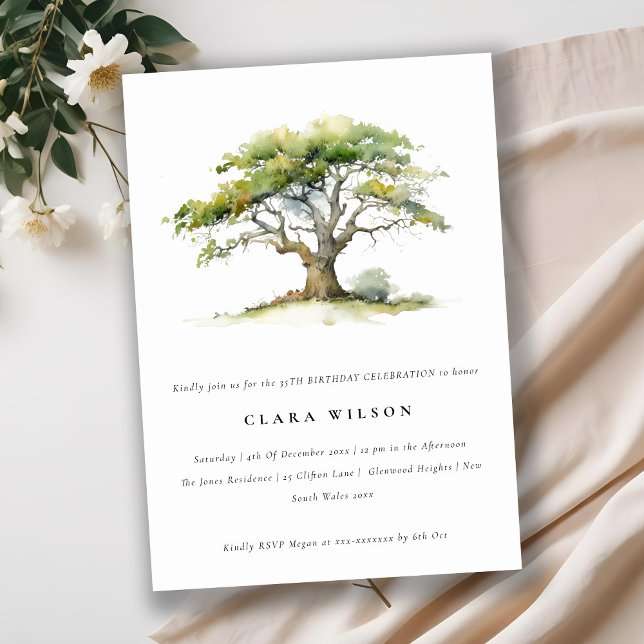 Elegant Grönt Vattenfärgen Oak Träd födelsedag Inbjudningar (Skapare uppladdad)