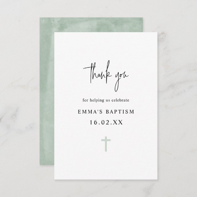 Elegant Grönt Vattenfärgsminimalistisk fotobaptism Tack Kort (Fram/baksida)