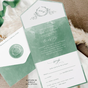 Elegant Grönt vattenfärgsmonogram Bröllop allt i O