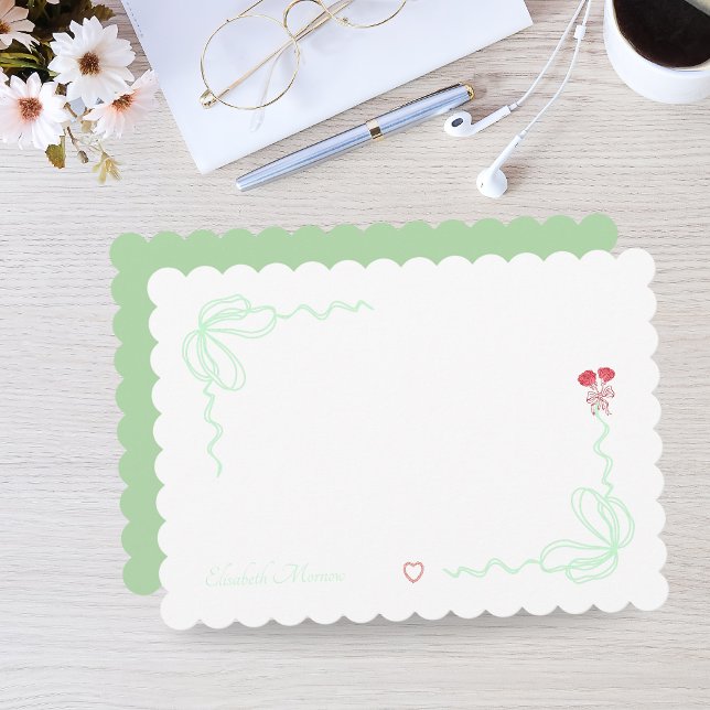 Elegant Grönt Vattenfärgsruta, Personlig Anteckningskort (Personalized Elegant Green Watercolor Bow Note Card)