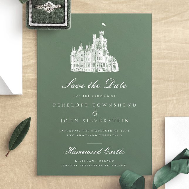 Elegant Grönt Vintage Castle Illustration Bröllop Spara Datumet (Elegant Green Vintage Castle Illustration Wedding Save The Date)
