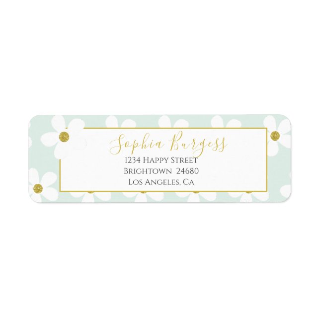 Elegant Grönt Vit Blommigt Enkel Daisy Guld Returadress Etikett (Framsidan)