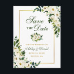 Elegant Grönt Vit Blommigt Spara datum Guld Meddelande Vykort<br><div class="desc">Modern Elegant,  Vit Blommigt för vattenfärgsvit Grönt,  Guld Spara postkort för Förlovningen Datum</div>
