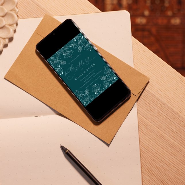 Elegant Grönt Vit minimalistisk Blommigt i Bröllop Inbjudningar (Elegant Green White Minimalist Line Floral Wedding Invitation)