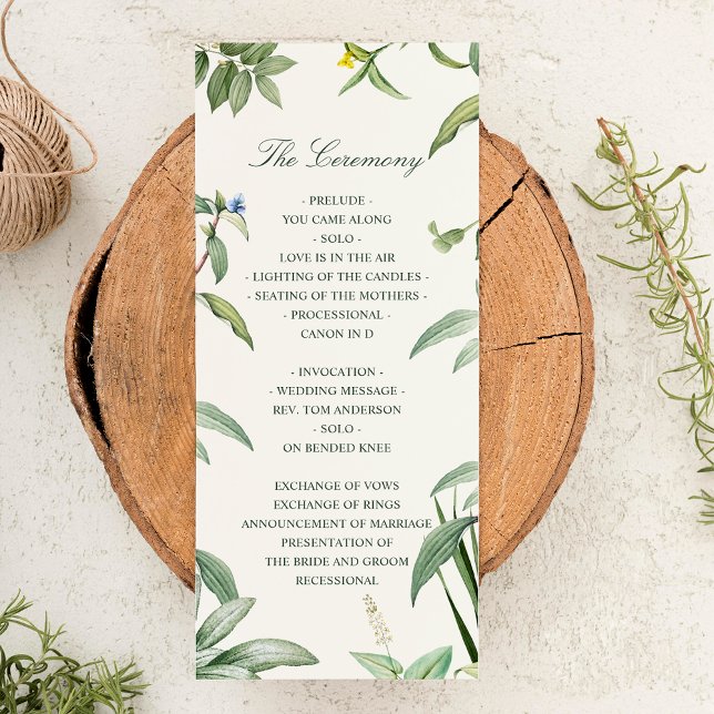Elegant Grönt & White Botanical Löv Bröllop Program (Menu Mock-up)