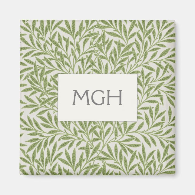 Elegant Grönt Willow Löv Monogram Magnet (Framsidan)