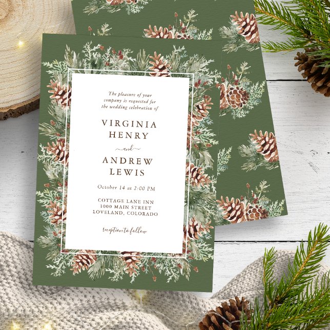 Elegant Grönt Winter Wedding Inbjudningar (Elegant Green Pinecone Winter Outdoor Wedding Invitation by Painted Paperie
)